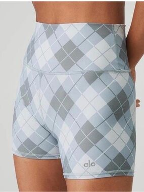 ALO Yoga High-Rise Argyle Bike Shorts - Light Blue & Gray